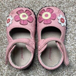 Pediped Toddler Girls Pink Leather Mary Jane Shoes With Floral Design